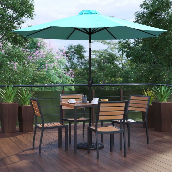 Flash Furniture Faux Teak 35" Table-Teal Umbrella-Base-4 Chairs XU-DG-810060364-UB19BTL-GG